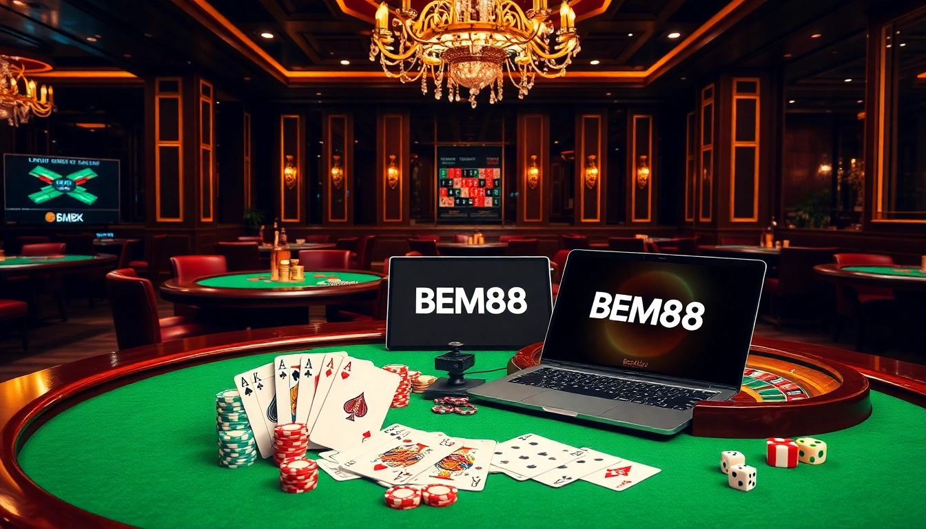Experience thrilling gaming at BEM88 with vibrant casino tables and poker chips.