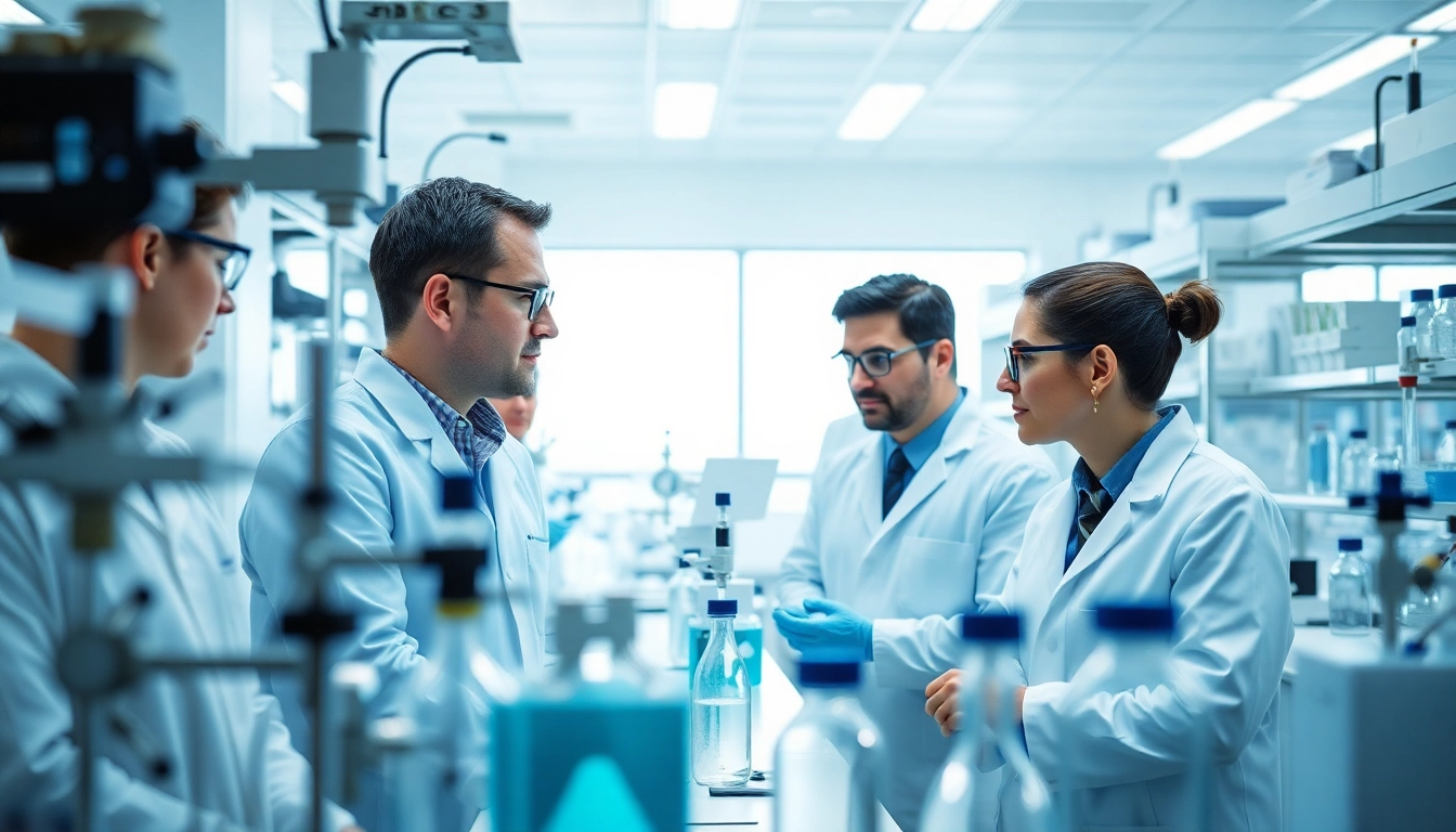 Hydro Research team conducting peptide synthesis research in a professional lab setting.