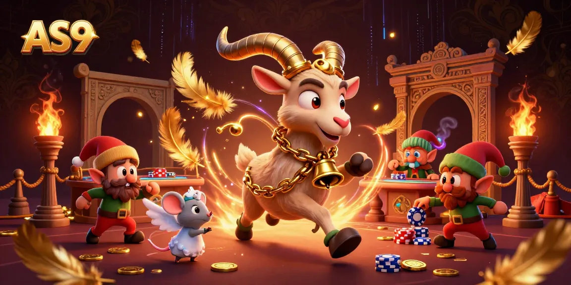 AS9 features a playful betting scene with Krampus, mouse, and elf gremlins in a festive casino atmosphere.