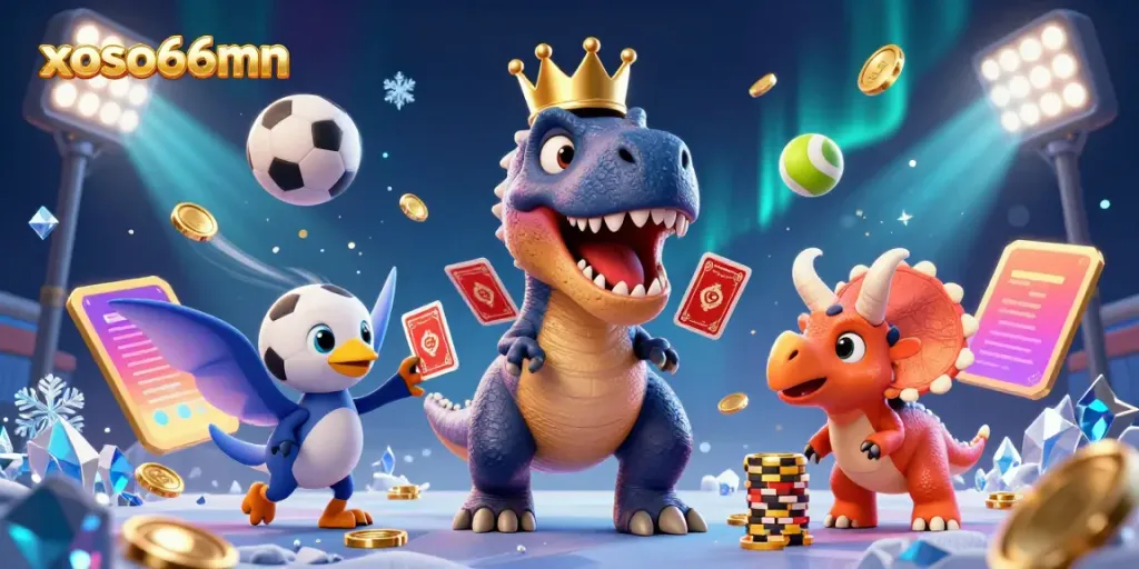 Join the fun at xoso66mn with a T-Rex shuffling cards and friends amidst a rich casino scene.