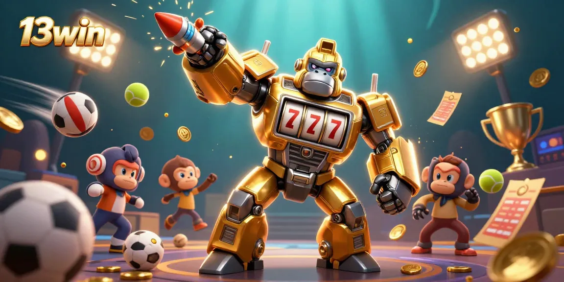 Experience the thrill of 13win with dynamic casino action featuring a golden gorilla mech and sports elements.