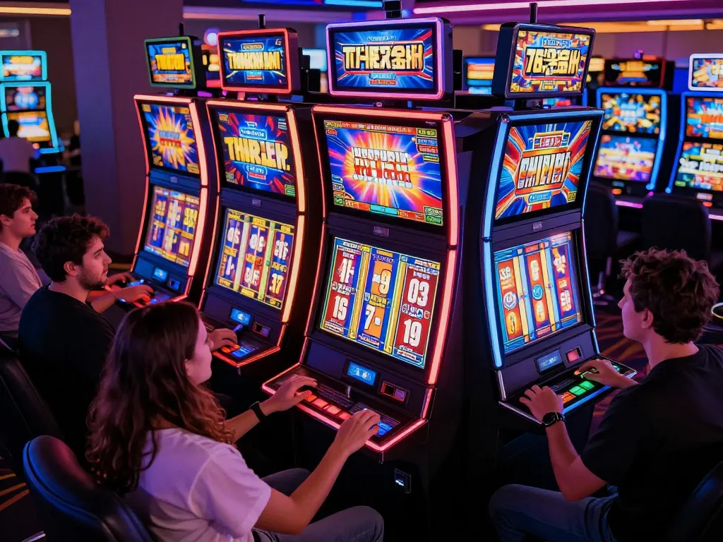 Players engaged with vibrant JJNN slot machines, highlighting excitement and dynamic gameplay.