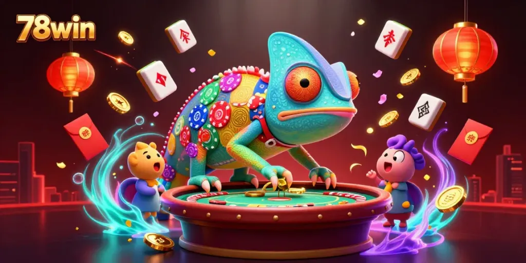 Experience the vibrant world of 78win with a chameleon casino owner amidst gambling elements and excitement.