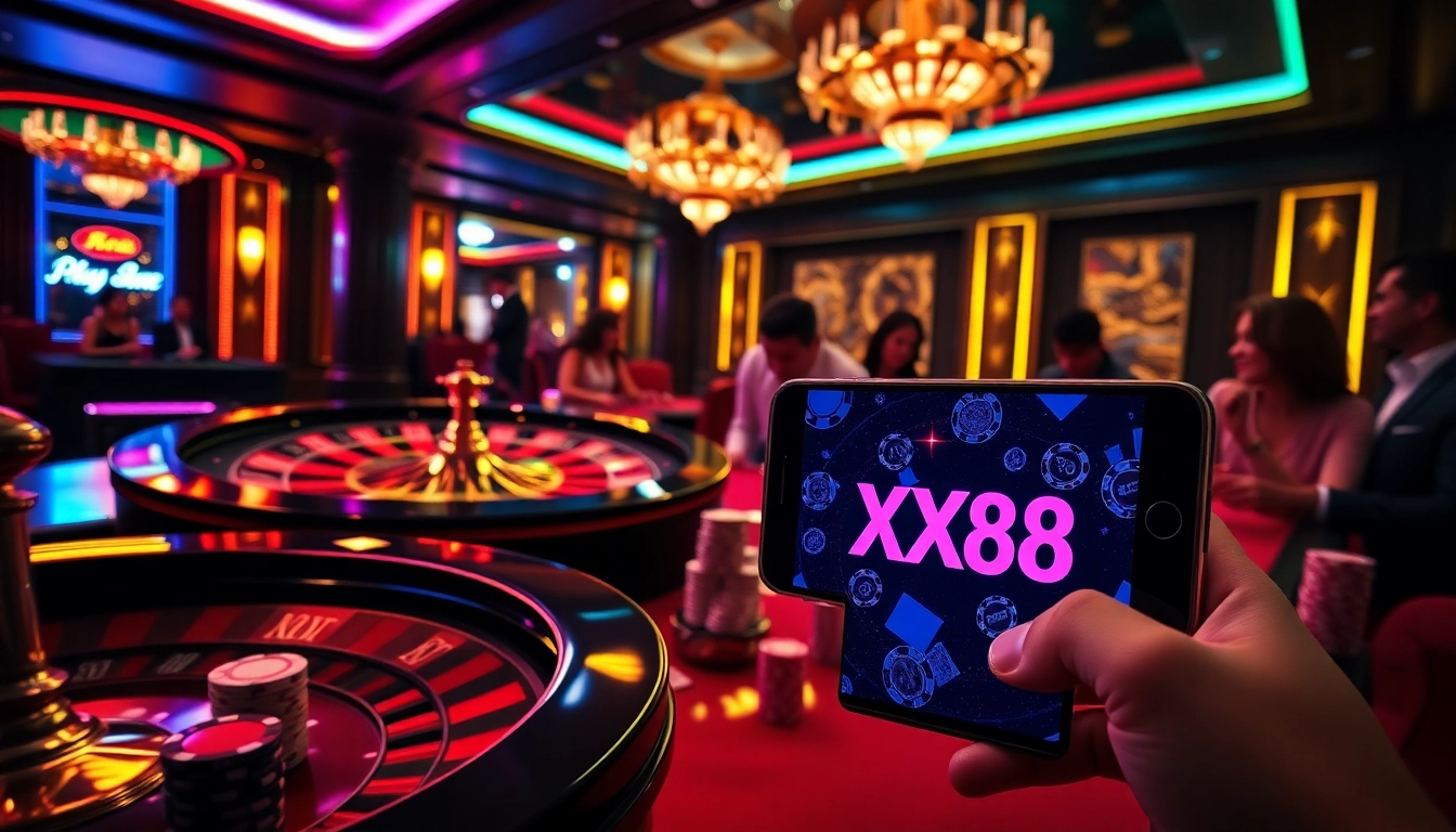 Engaging poker action at a high-stakes game with XX88 ambiance and vibrant casino elements.