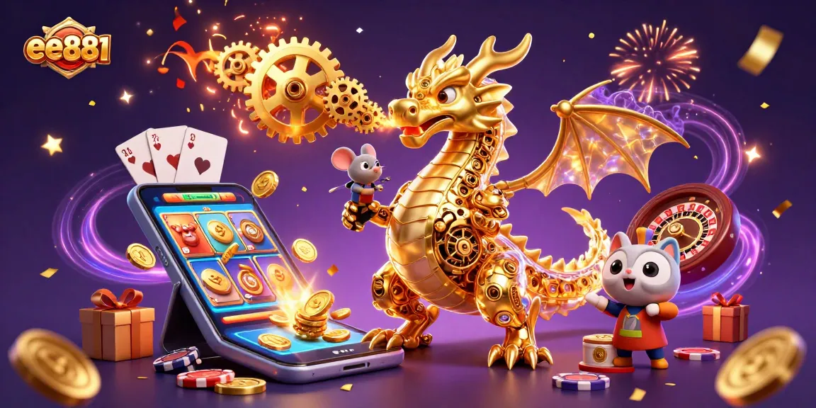 Engage with ee881's gaming adventure featuring a biomechanical dragon and dynamic casino elements.