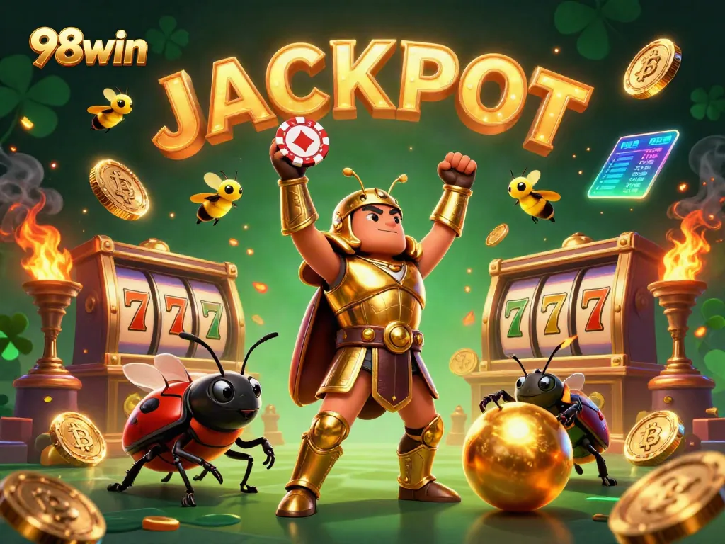 Join the thrilling world of 98win as a heroic beetle celebrates a jackpot with stunning graphics and casino elements.