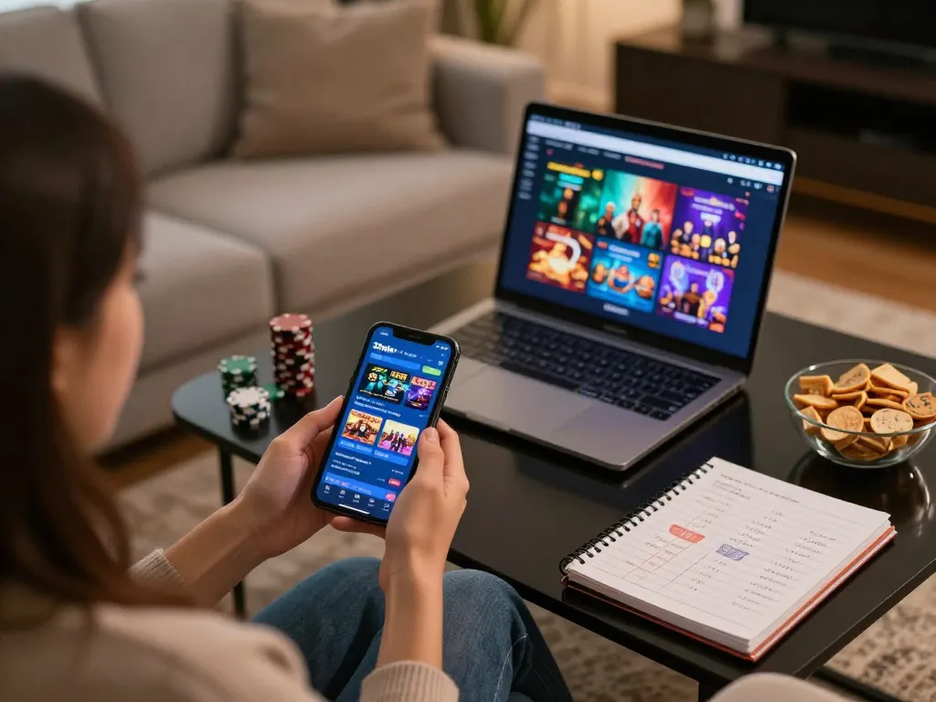 Enjoying online gaming at home with the 33win app displayed on smartphone and laptop