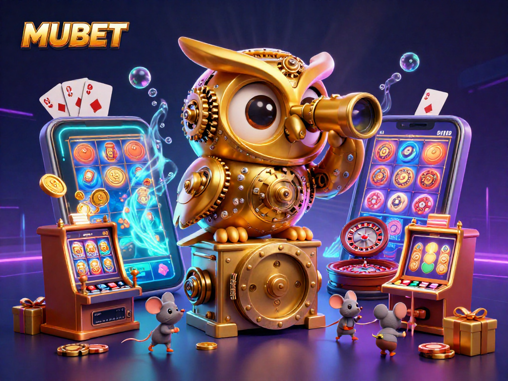 MUBET brings casino fun to life with a dynamic scene of gambling - 3D owl, wind-up mice, and colorful game elements.