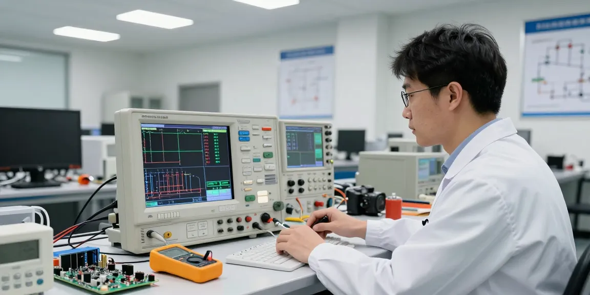 Engineer using a digital oscilloscope to test electrical signals in a professional lab setting with tools and components.