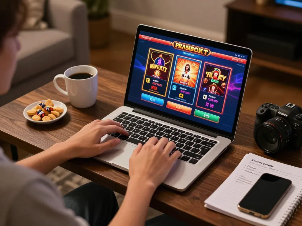 Engaging online gaming experience showcasing Link truy cập Five88 on a laptop in a cozy environment.