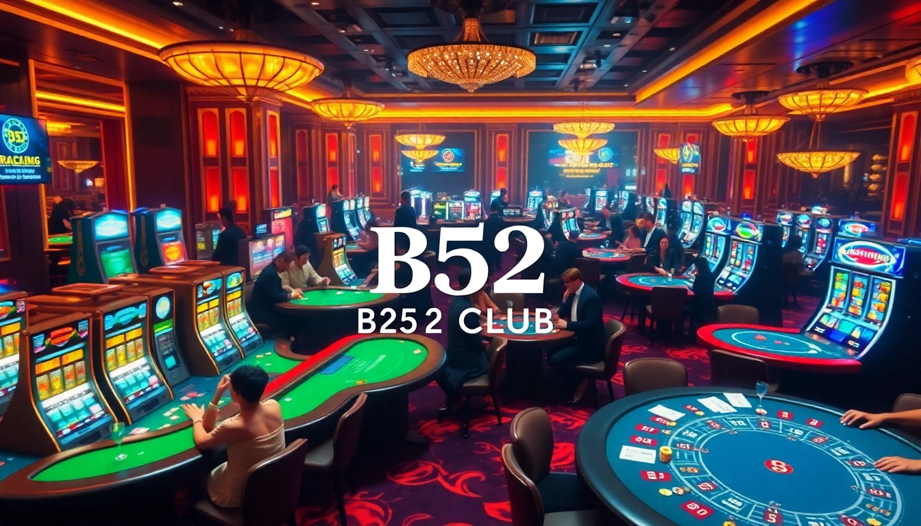 B52 Club players enjoying a thrilling casino gaming experience with vibrant tables and slot machines