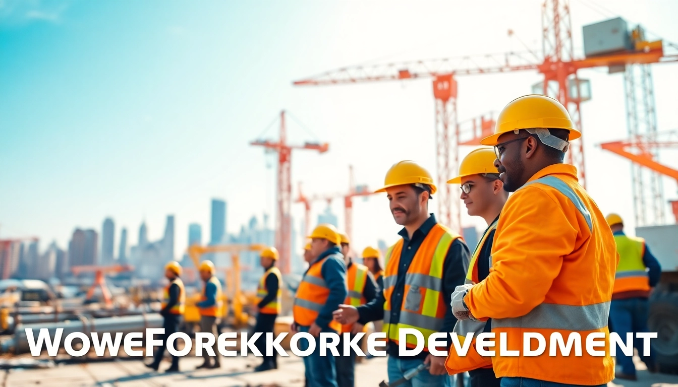 Showcasing construction workforce development, diverse workers collaborate on site amid machinery.