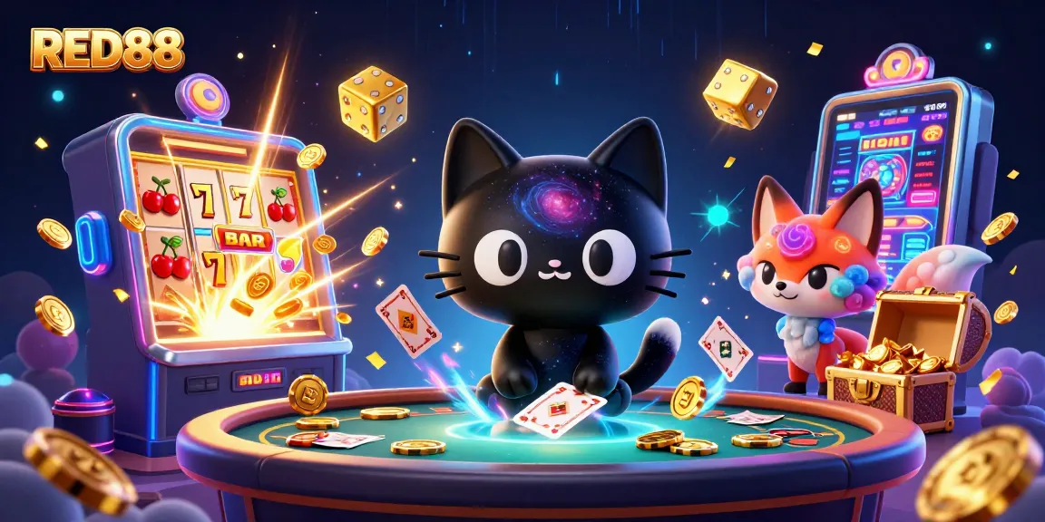 Experience thrilling gameplay at RED88 with a cosmic cat and colorful fox at a vibrant casino table.