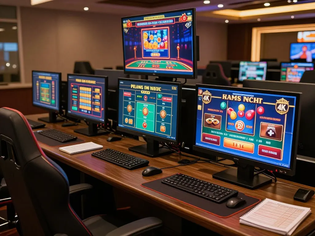 Jdclub9vip provides a vibrant online gaming experience with multiple casino games displayed on screens.