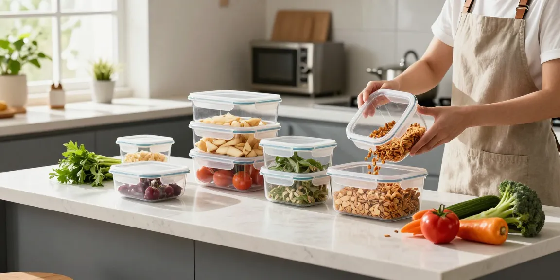 Airtight food storage containers neatly organized on a kitchen countertop, enhancing fresh ingredient storage and meal prep.
