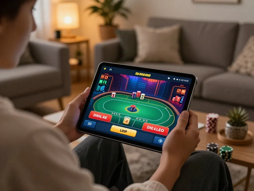 Engaging with the go88hv.com online casino app in a cozy home setting, showcasing user-friendly gaming.