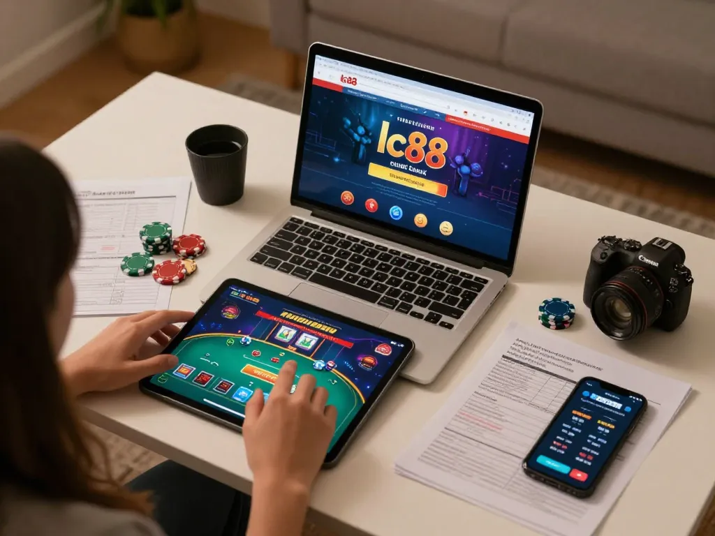 Experience the thrill of lc88 online casino gaming on a laptop in a cozy home setting.