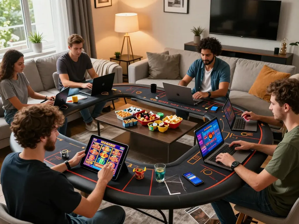 Players enjoying various games on me99 casino app in a cozy living room setting, highlighting online gaming excitement