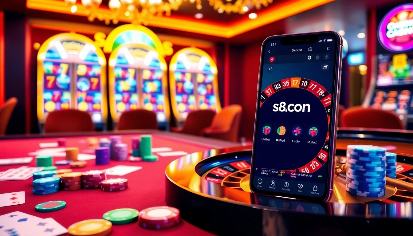 Experience the excitement of s8 com through a vibrant casino scene with interactive gaming tables and dynamic roulette.
