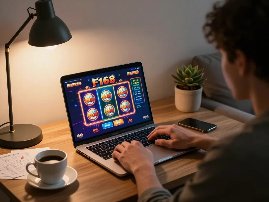 Player engaging in online slots at F168, with vibrant game interface shown