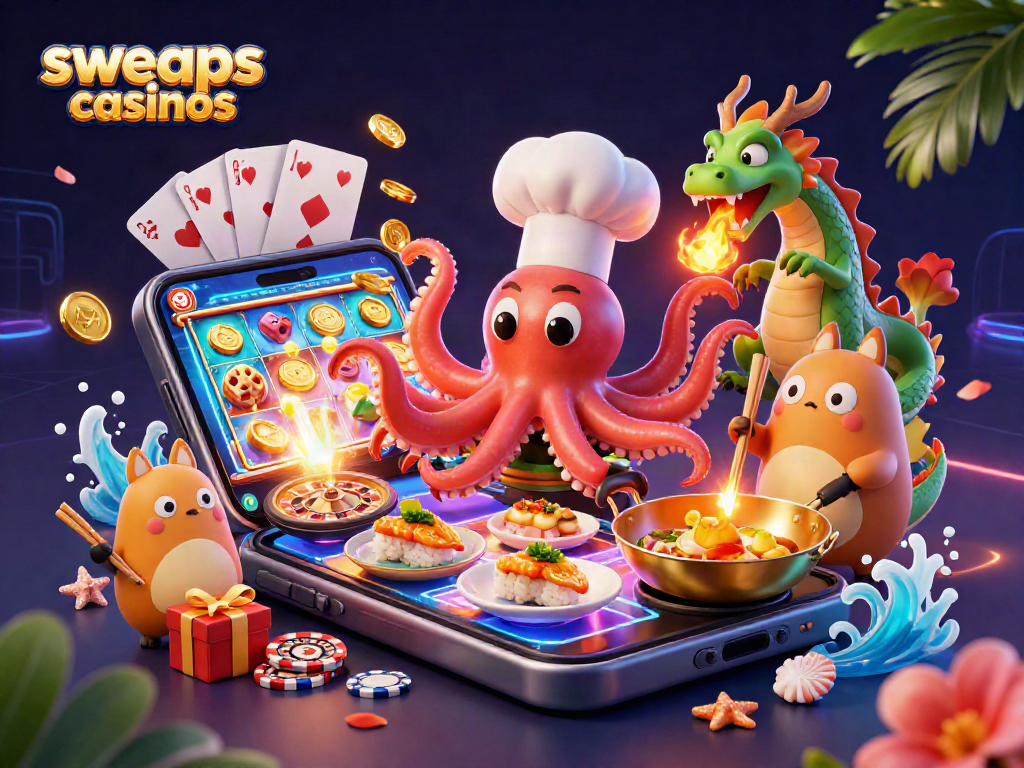 Immerse in sweeps casinos with vibrant characters cooking and gaming in a rich 3D scene.