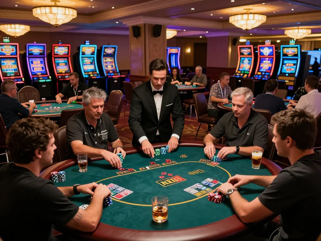 Players enjoying passionate gameplay at gem88 amidst a bustling casino atmosphere, with poker tables and vibrant lighting.