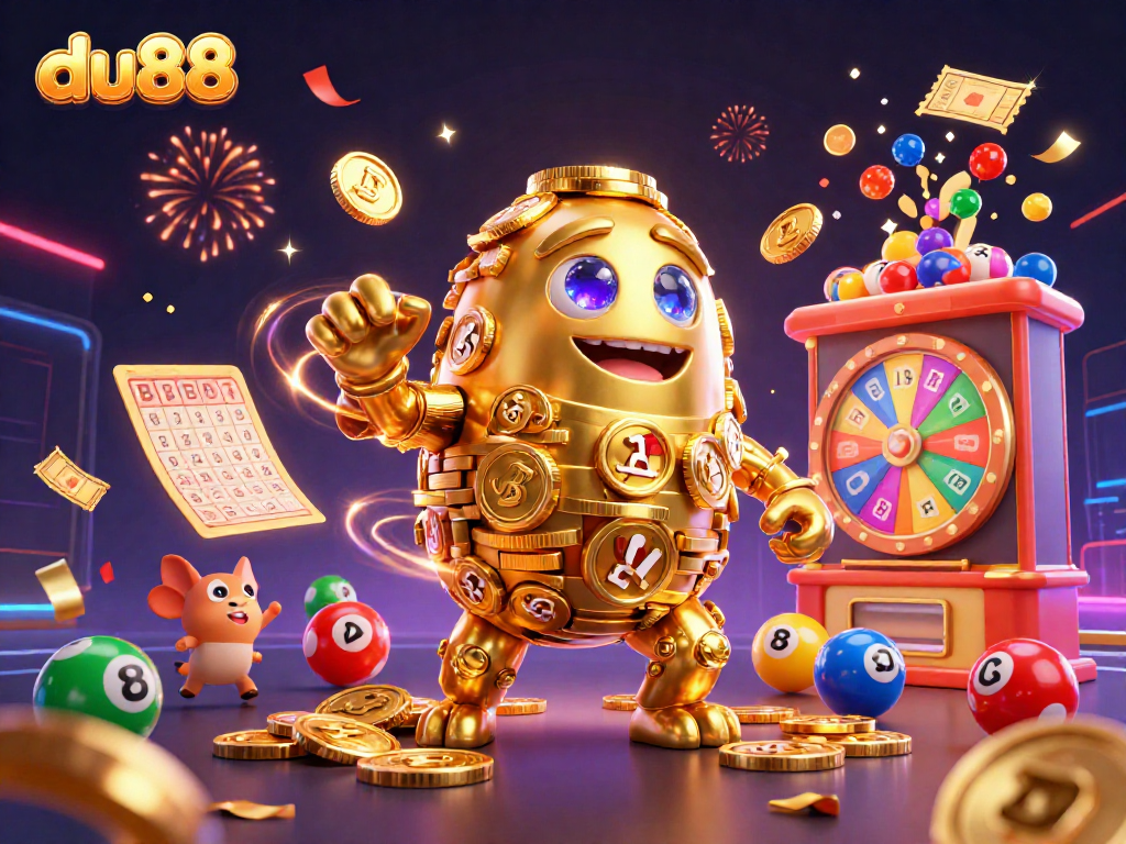 Join the luck with du88's vibrant 3D illustration, showcasing a golden golem and dynamic gaming elements.