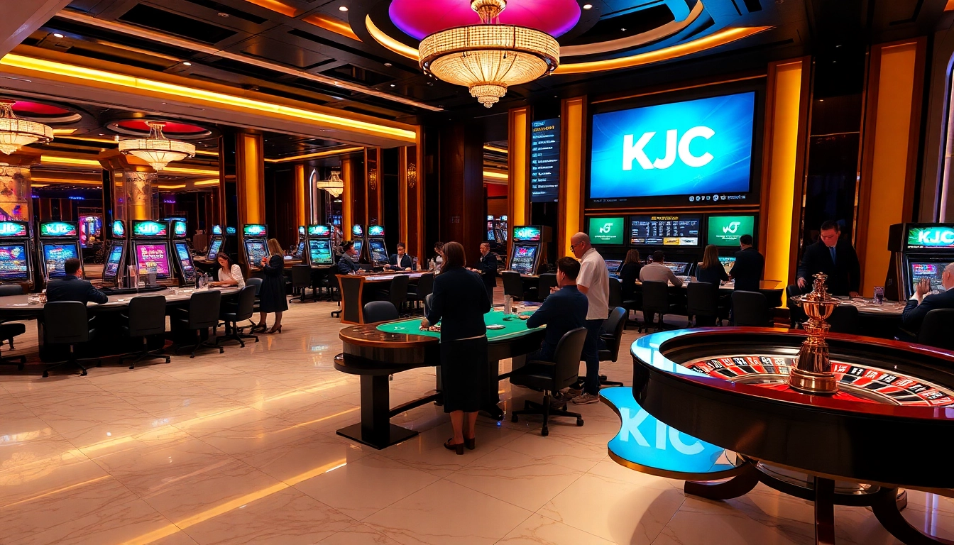 KJC casino gaming area with vibrant lighting, excited players, and elegant tables