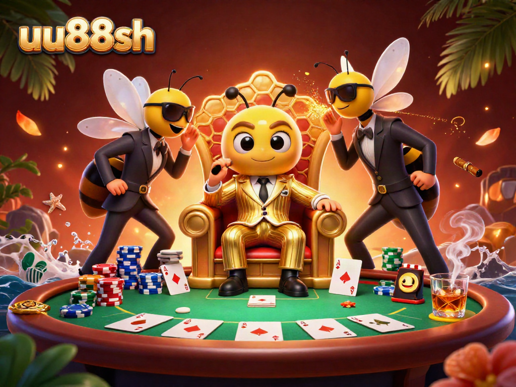 Experience thrilling gambling at uu88sh with a dynamic scene featuring a bumblebee mob boss and poker excitement.