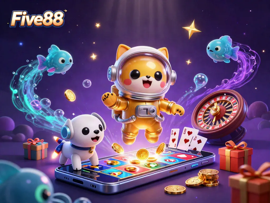 Join Five88's exciting adventure with a cat astronaut and robot dog amid slot games and floating gold coins!