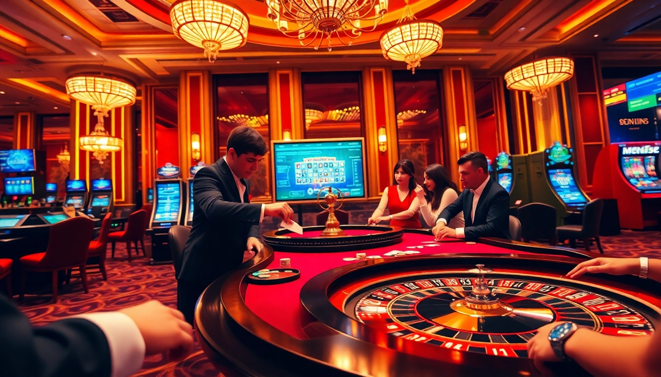 S8 Casino players engaged in a poker game with vibrant roulette wheel and chips highlighting excitement.