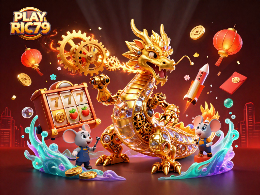 Engage with PLAY RIC79 in a vibrant casino scene featuring a golden dragon and dynamic slot reels.