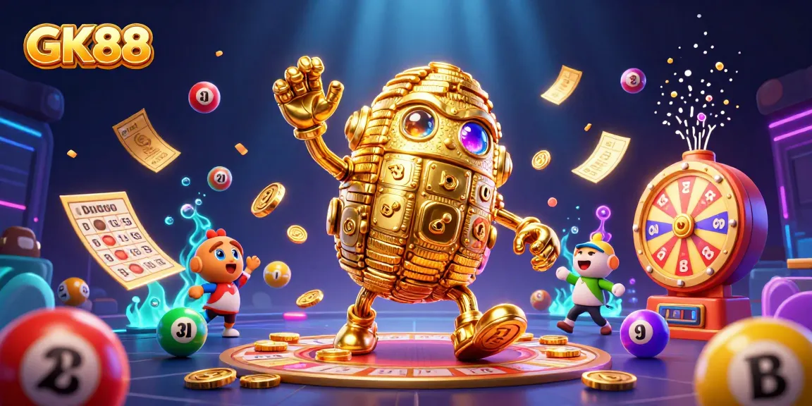 GK88 golem surrounded by colorful lottery elements, showcasing vibrant gambling excitement.