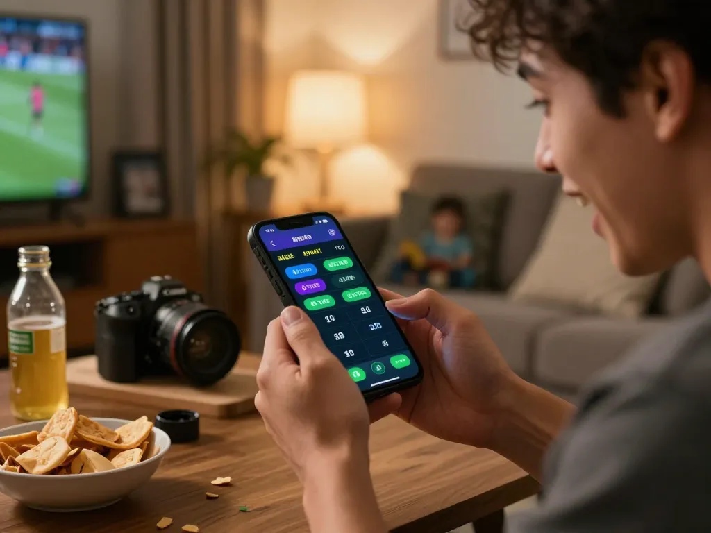Witness the excitement of fly88 sports betting with a player engaging in mobile betting at home.