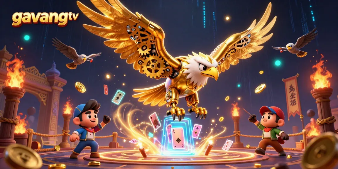 Experience thrilling sports betting with gavangtv's dynamic 3D illustration featuring a cybernetic eagle and holographic cards.