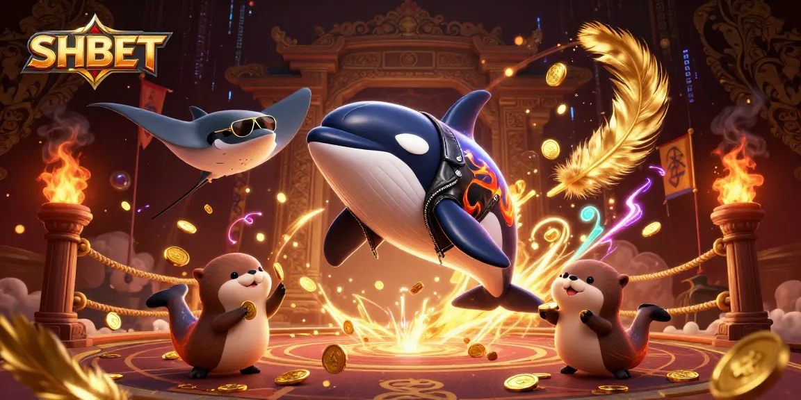 Interactive gaming scene with SHBET, featuring an orca, stingray, and otters holding coins.
