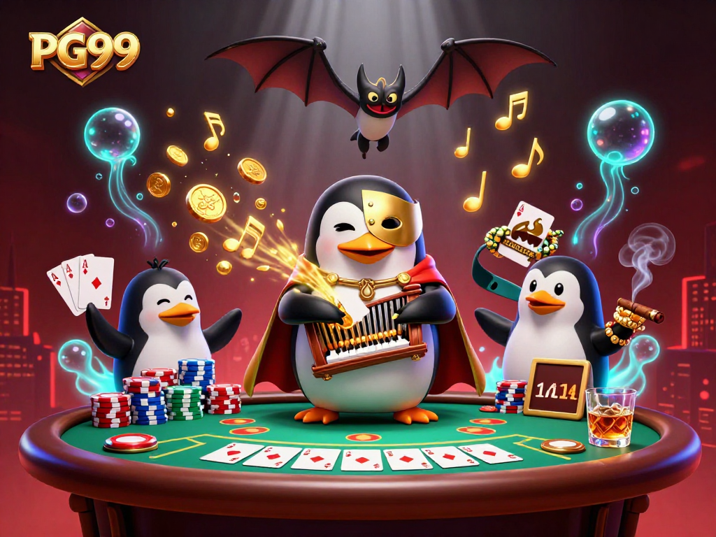 Experience PG99 thrills as a phantom penguin plays a golden organ amidst poker excitement.