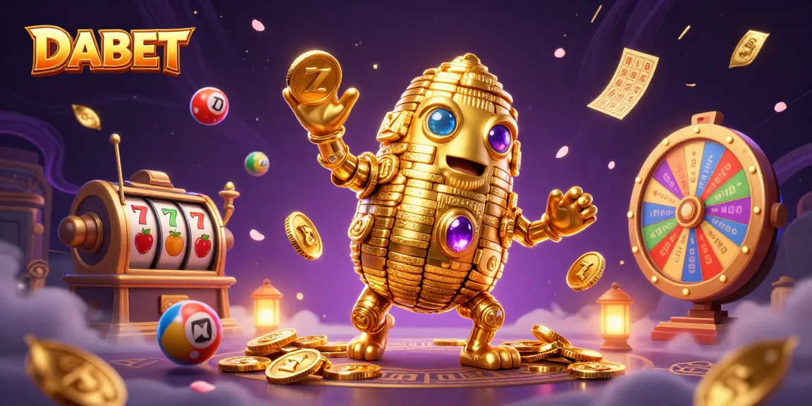 DABET offers thrilling gambling with a golden golem surrounded by vibrant game elements.