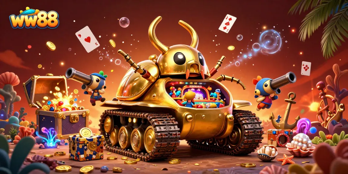 ww88 showcases a colorful 3D casino scene featuring a golden beetle tank bursting with excitement.