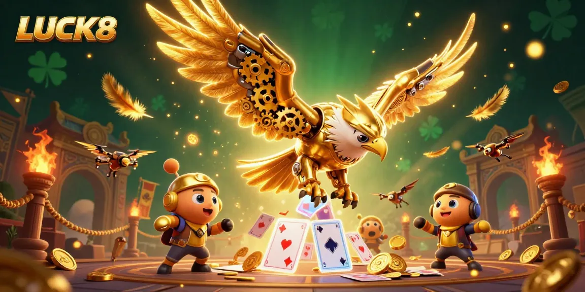 Experience the thrilling dive of LUCK8's golden eagle through vibrant casino elements and holographic cards.