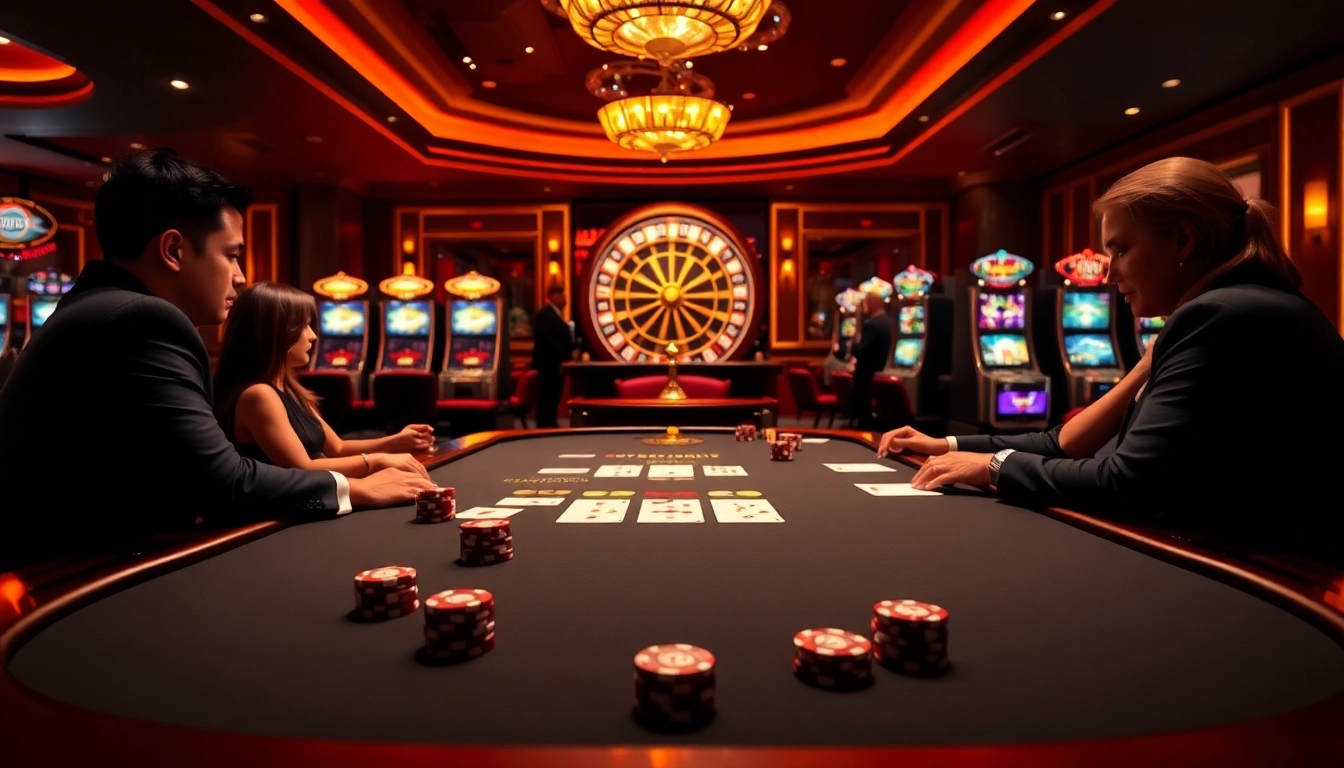 Experience thrilling gaming excitement at PG88 Casino with luxurious poker tables and vibrant surroundings.