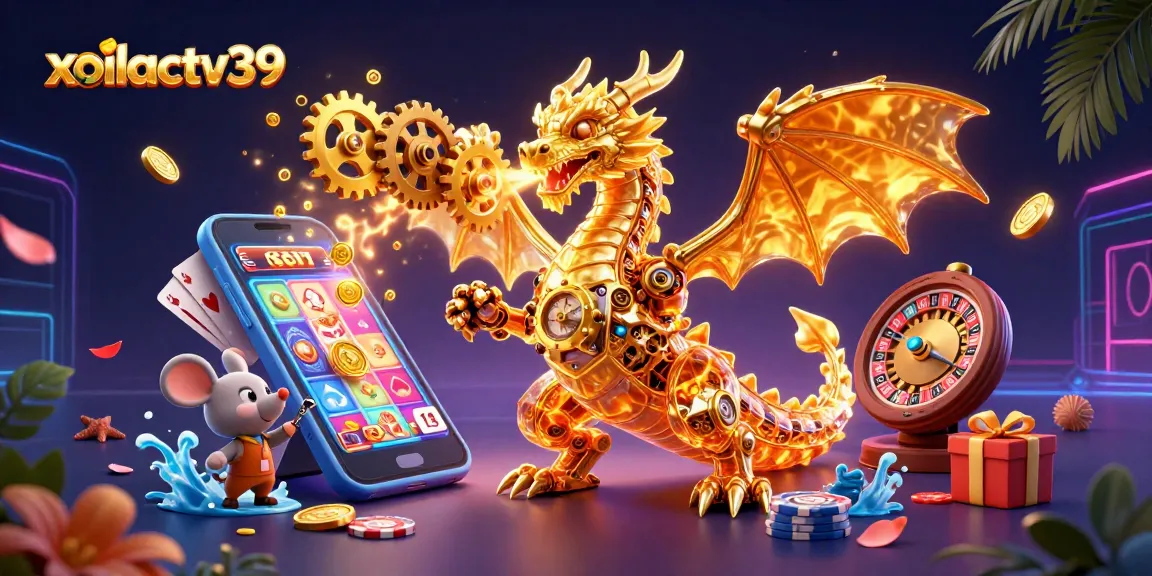 Experience thrilling gaming with xoilactv39 showcasing a golden dragon breathing gears and cogs.