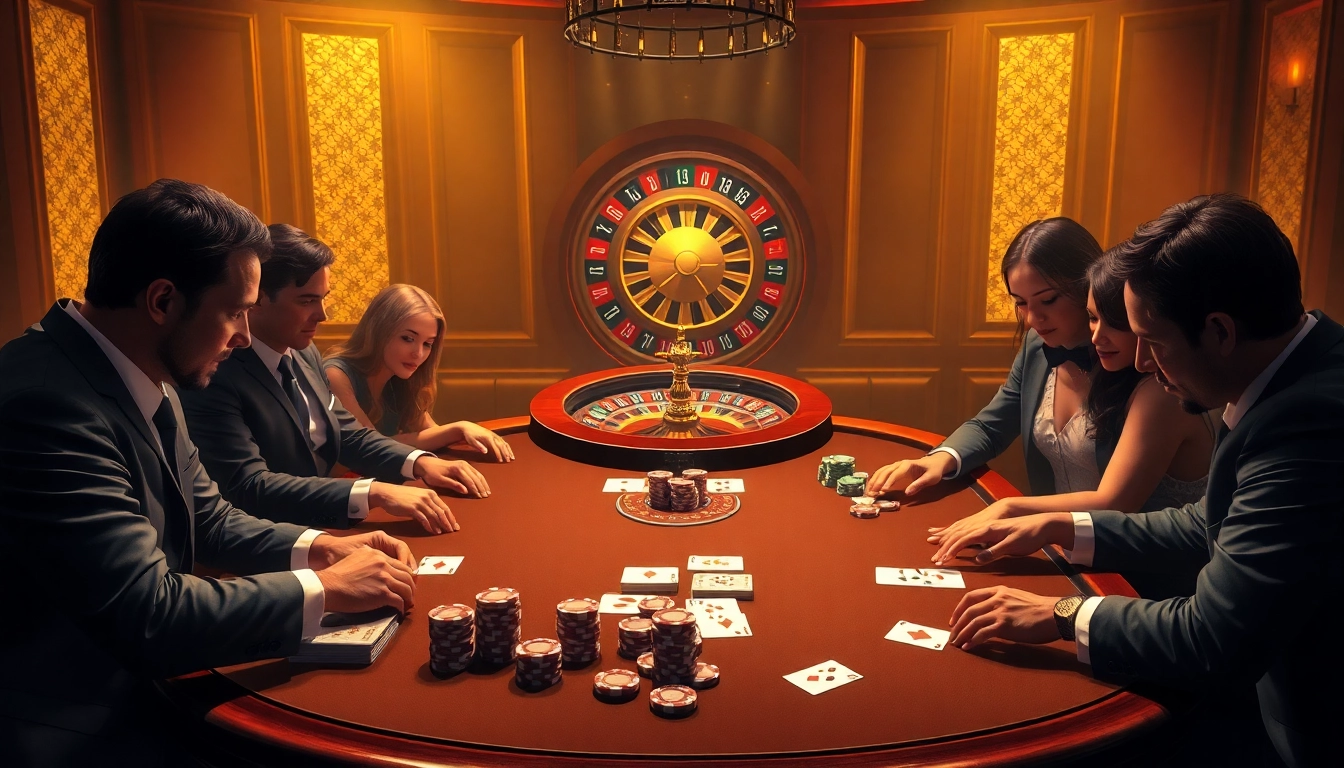 Người chơi tham gia vào một trò chơi hồi hộp tại bàn poker KO66 trong một sòng bạc sang trọng.
