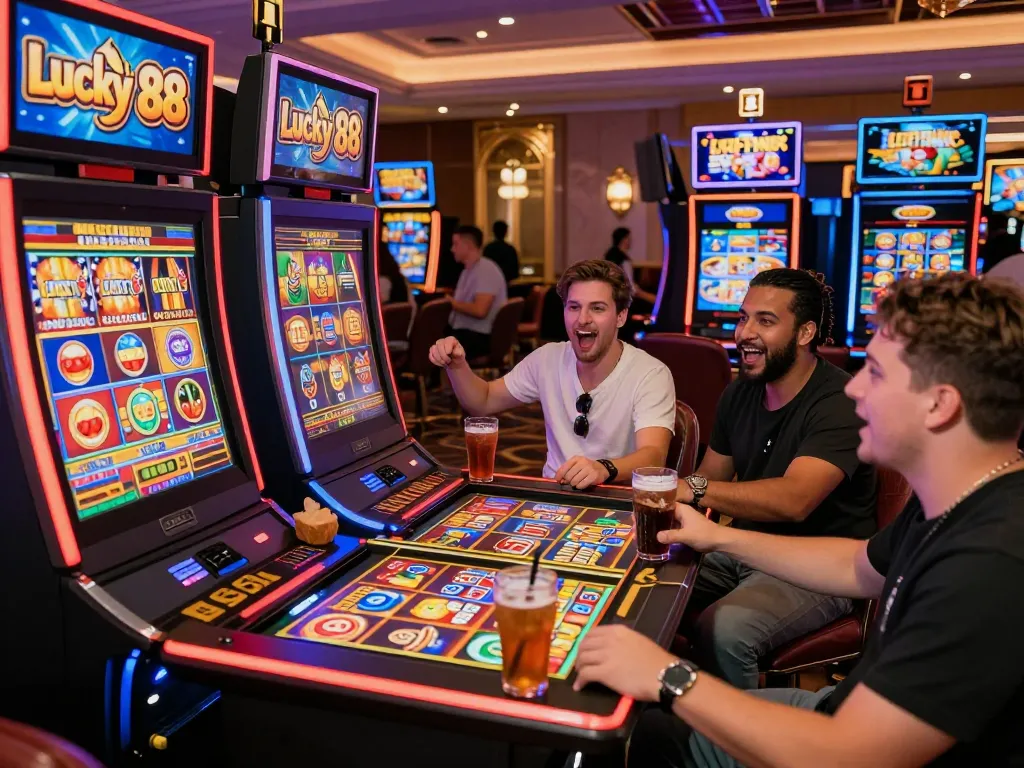 Excited players engaging with the Lucky 88 slot machine in a vibrant casino atmosphere.