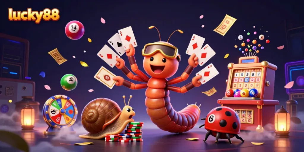 Experience thrilling action at lucky88 with a vibrant illustration of a millipede dealer and gaming elements.