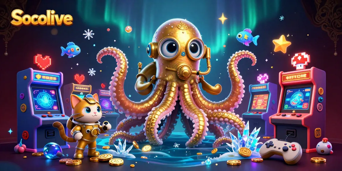 Socolive showcases a thrilling casino experience with a kraken and diving cat surrounded by glowing game elements.