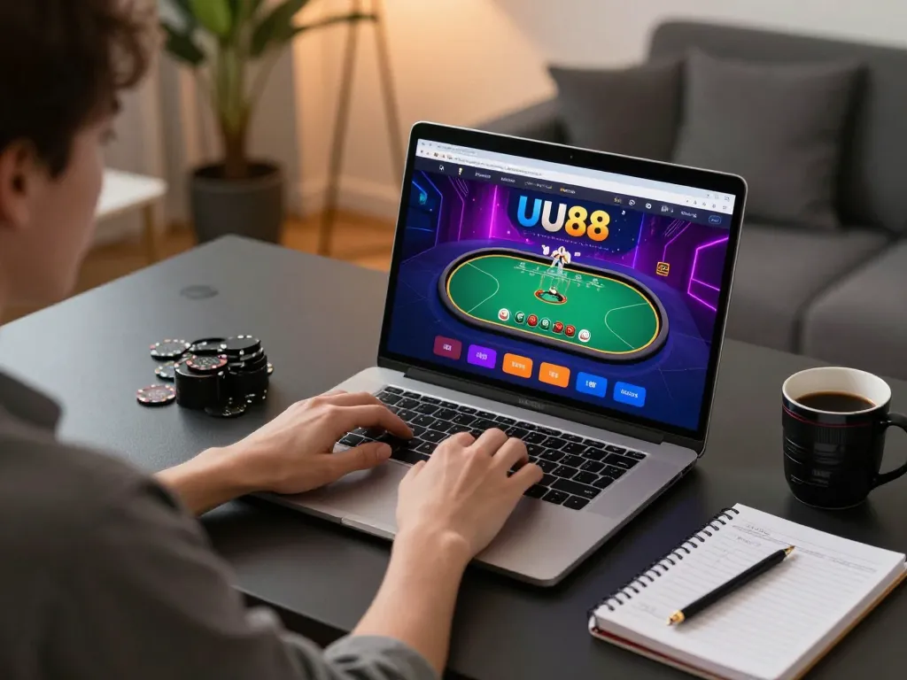 Engaging online poker gameplay on UU88 platform with vibrant interface in cozy home setting