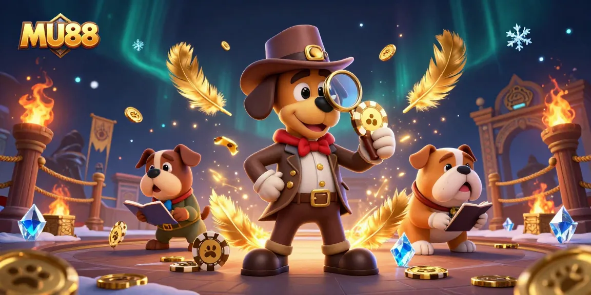 Engage with MU88's vibrant casino games, featuring a detective and bulldog uncovering treasures.