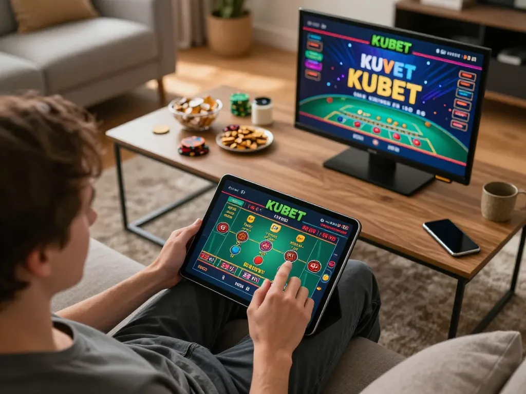 KUBET user engaging in live dealer games on a tablet in a cozy home setting