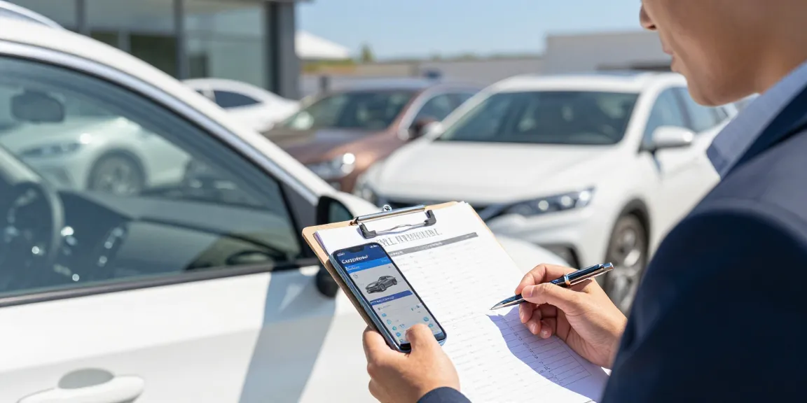 HPI check alternative showcased with a buyer using Carpeep app to evaluate car history outside a dealership.
